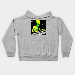 Alien playing keyboard in outer space Kids Hoodie